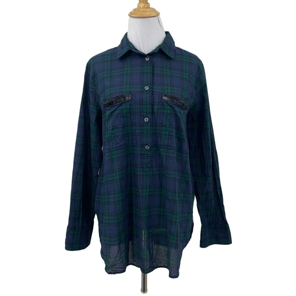 J Crew Popover Shirt Womens M Medium Plaid Beaded Pockets Half Button Oversized